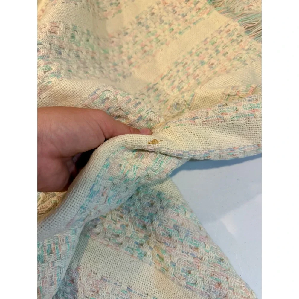 Vintage Beacon Cotton Thermal Blanket Pastel Multi Color Fringe Waffle Weave USA